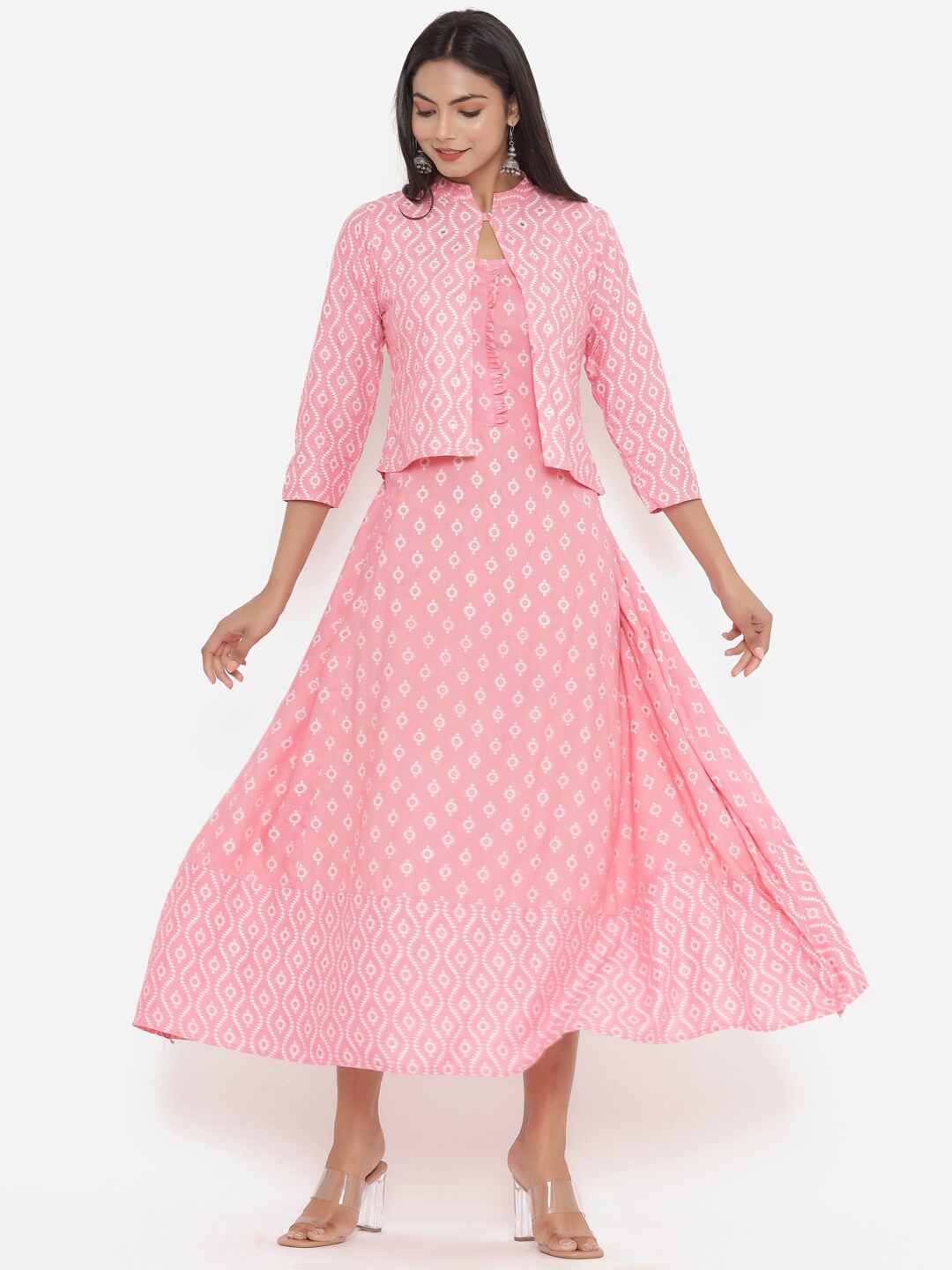 

PK Fashions Pink & White Printed Ethnic Midi Fit & Flared Dress With Embellished Jacket