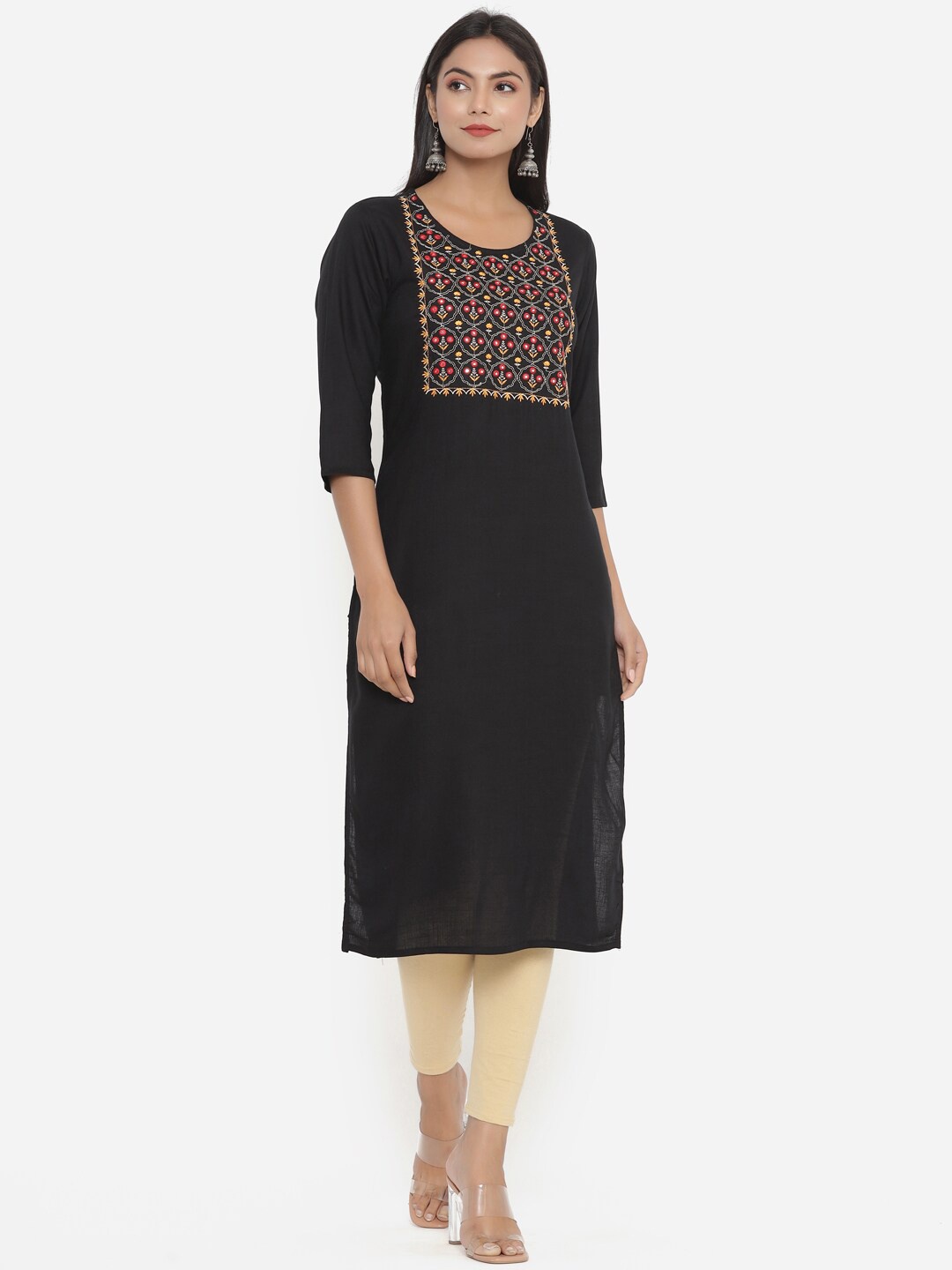 

PK Fashions Women Black & Red Floral Embroidered Kurta