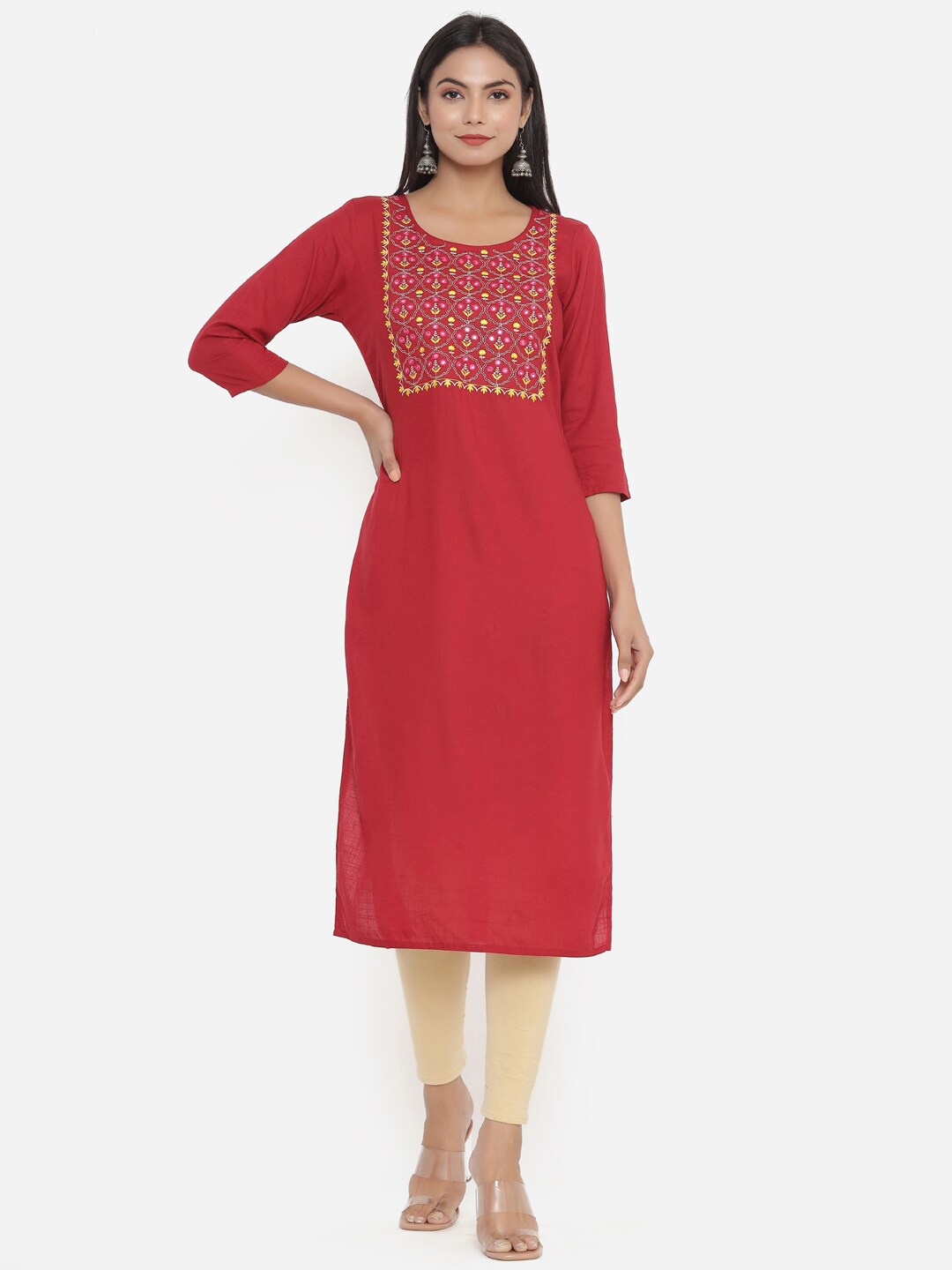 

PK Fashions Red Floral Embroidered Mirror Work Mirror Work Kurti