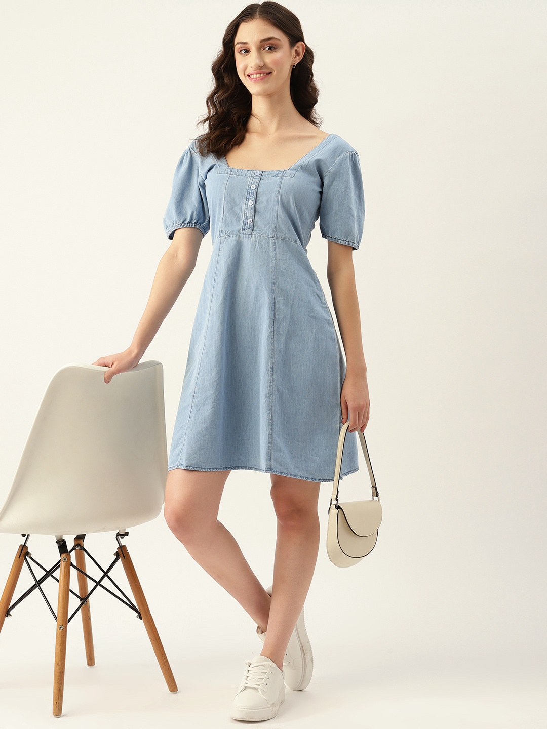 

DressBerry Pure Cotton A-Line Mini Denim Dress, Blue