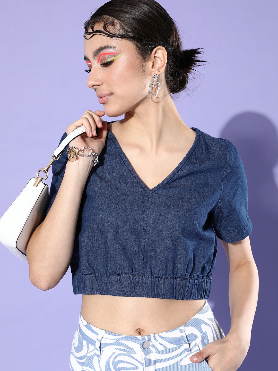 

DressBerry Navy Blue Solid New Neckline Top