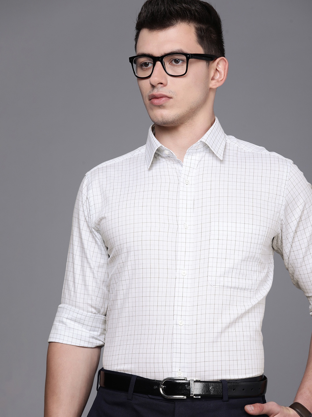 

Raymond Men Grey Slim Fit Grid Tattersall Checks Checked Formal Shirt