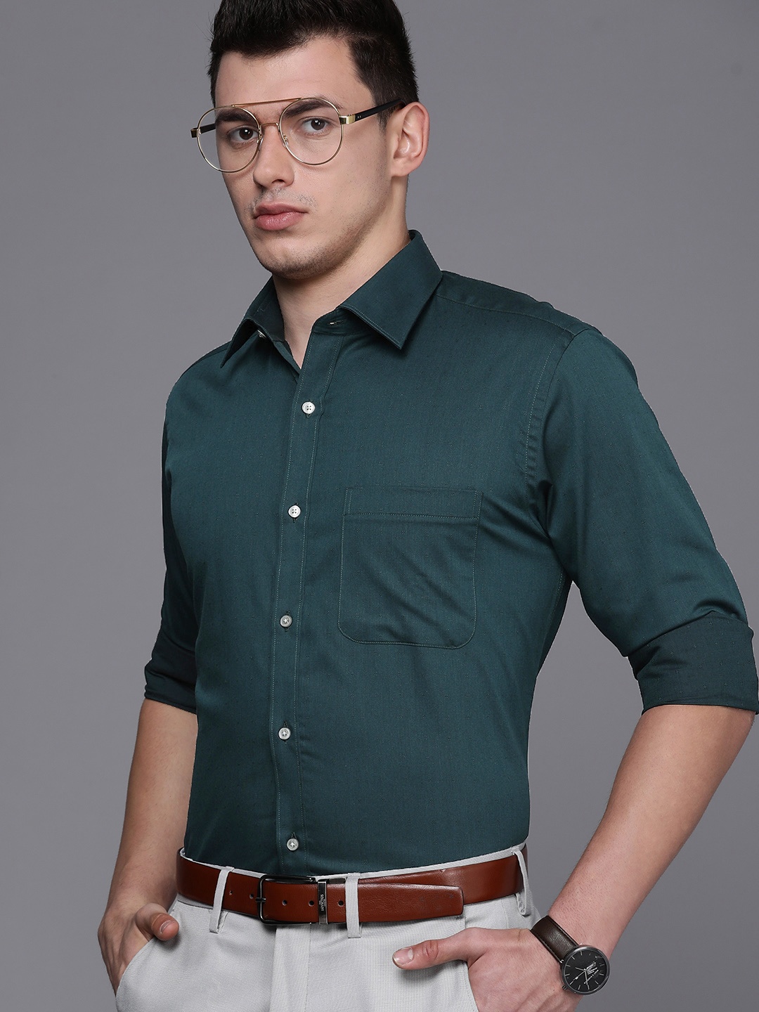

Raymond Men Green Slim Fit Self-Design Pure Cotton Formal Shirt