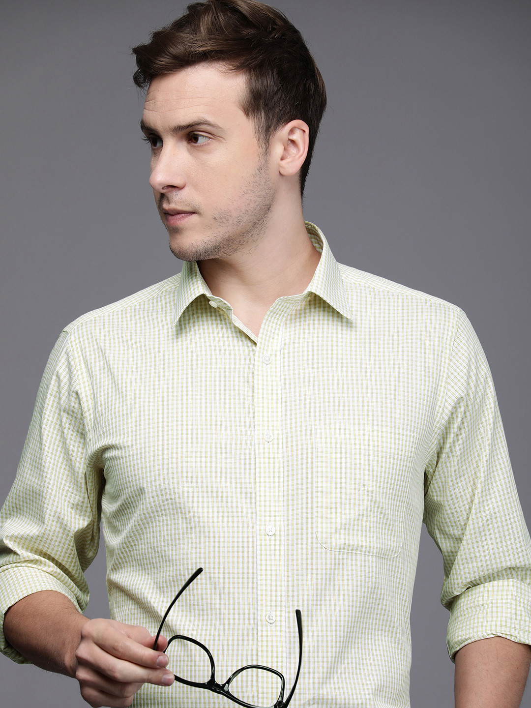

Raymond Men Pale Yellow Slim Fit Micro Checked Pure Cotton Formal Shirt