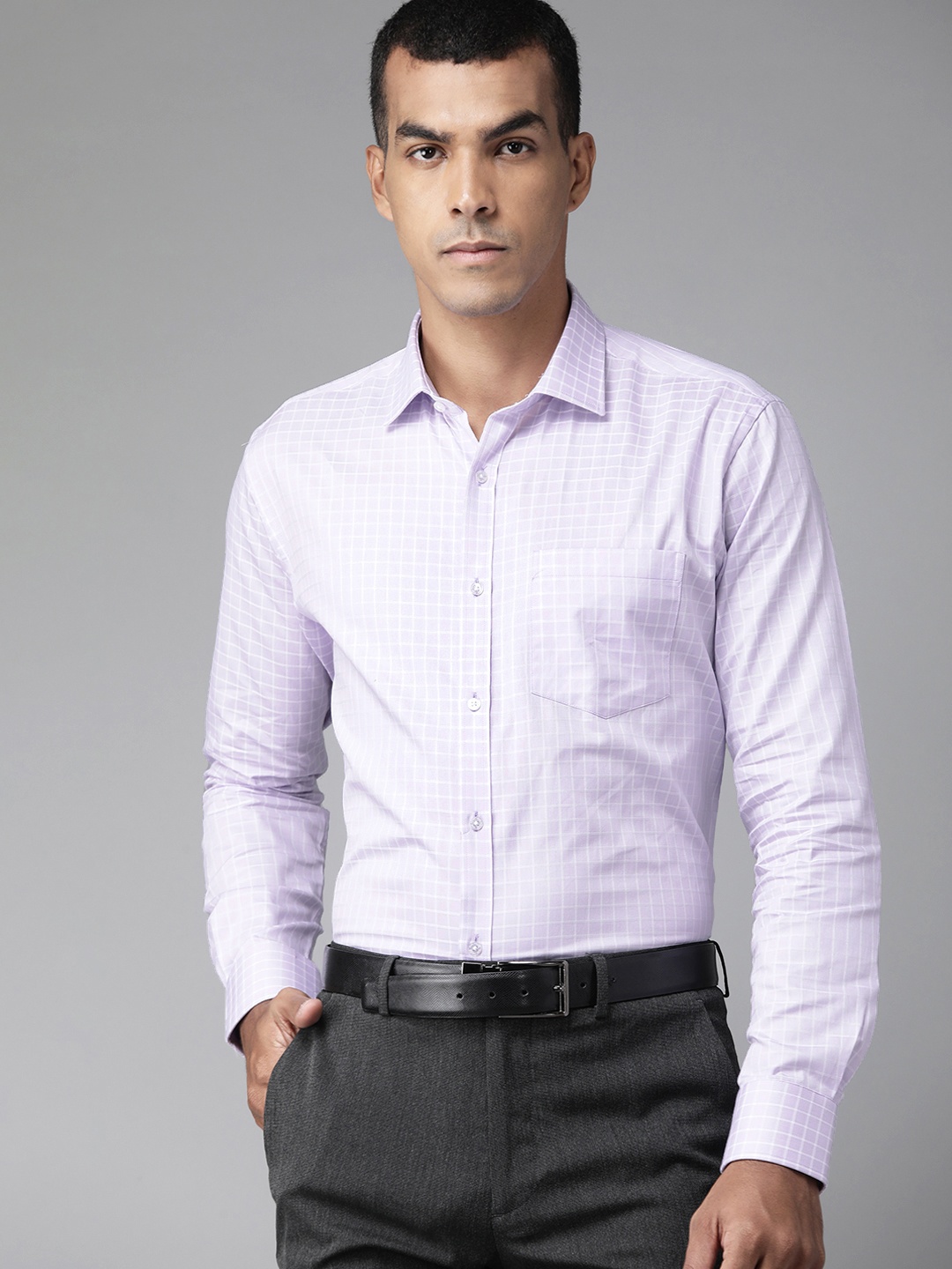 

Park Avenue Men Lavender & White Pure Cotton Slim Fit Grid Tattersall Checks Casual Shirt