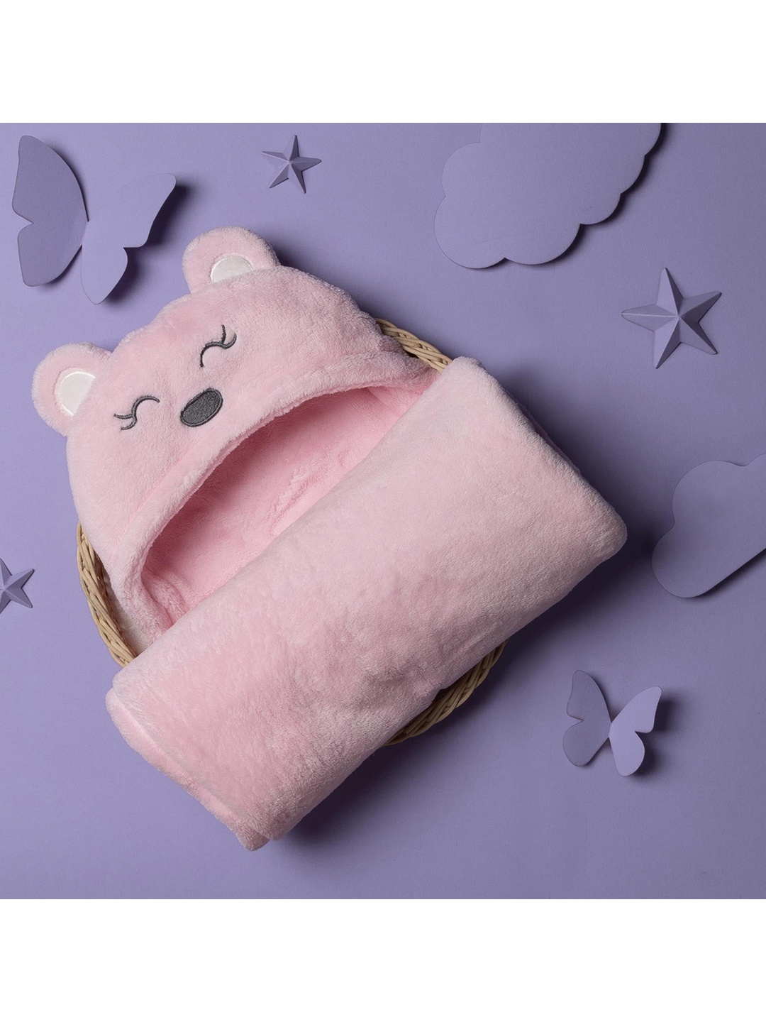 

KICKS & CRAWL Kids Pink & Grey Mild Winter 150 GSM Hooded Single Bed Blanket
