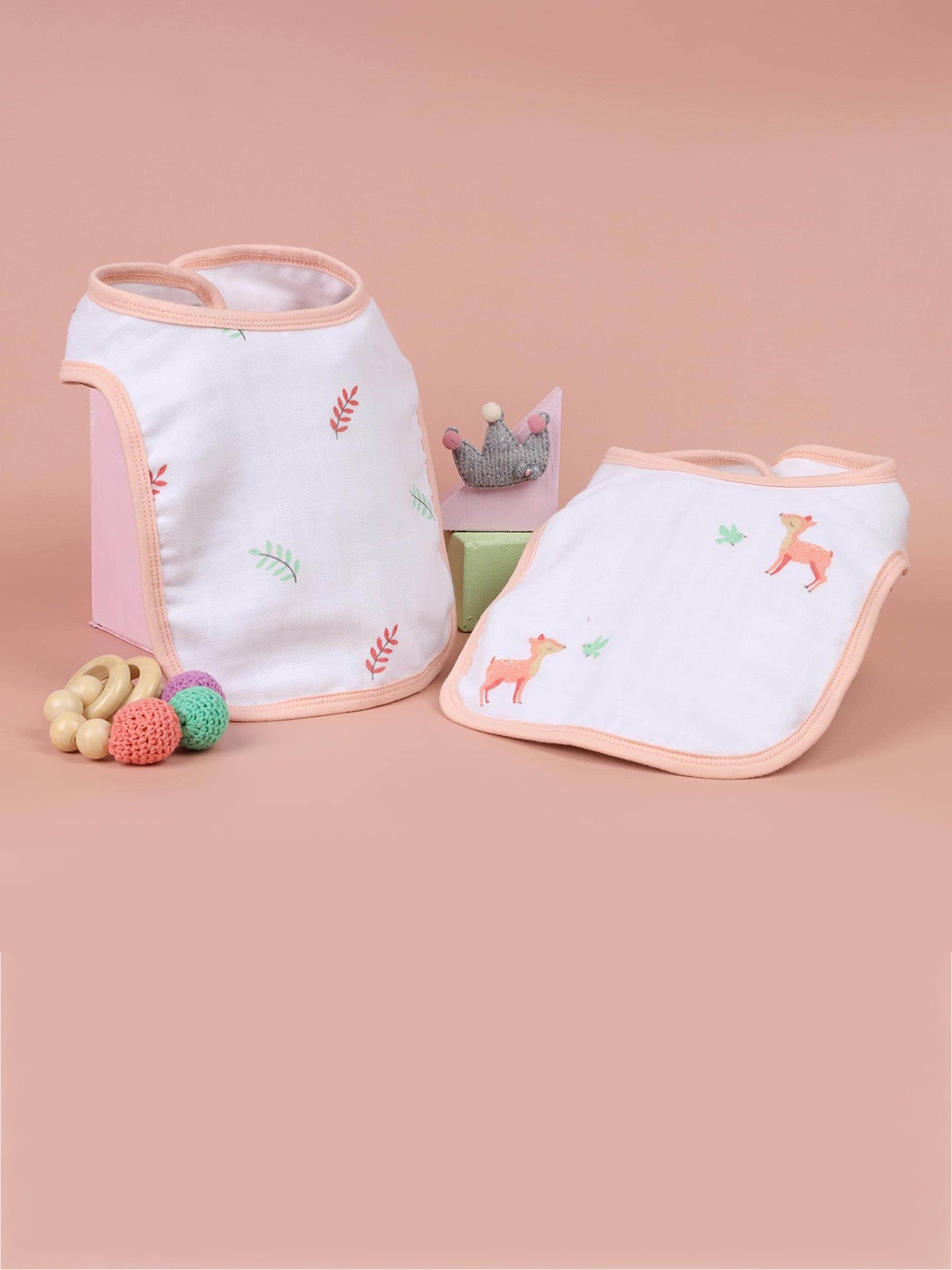 

KICKS & CRAWL Kids Pack Of 2 White & Peach Printed Organic Cotton Round Bibs