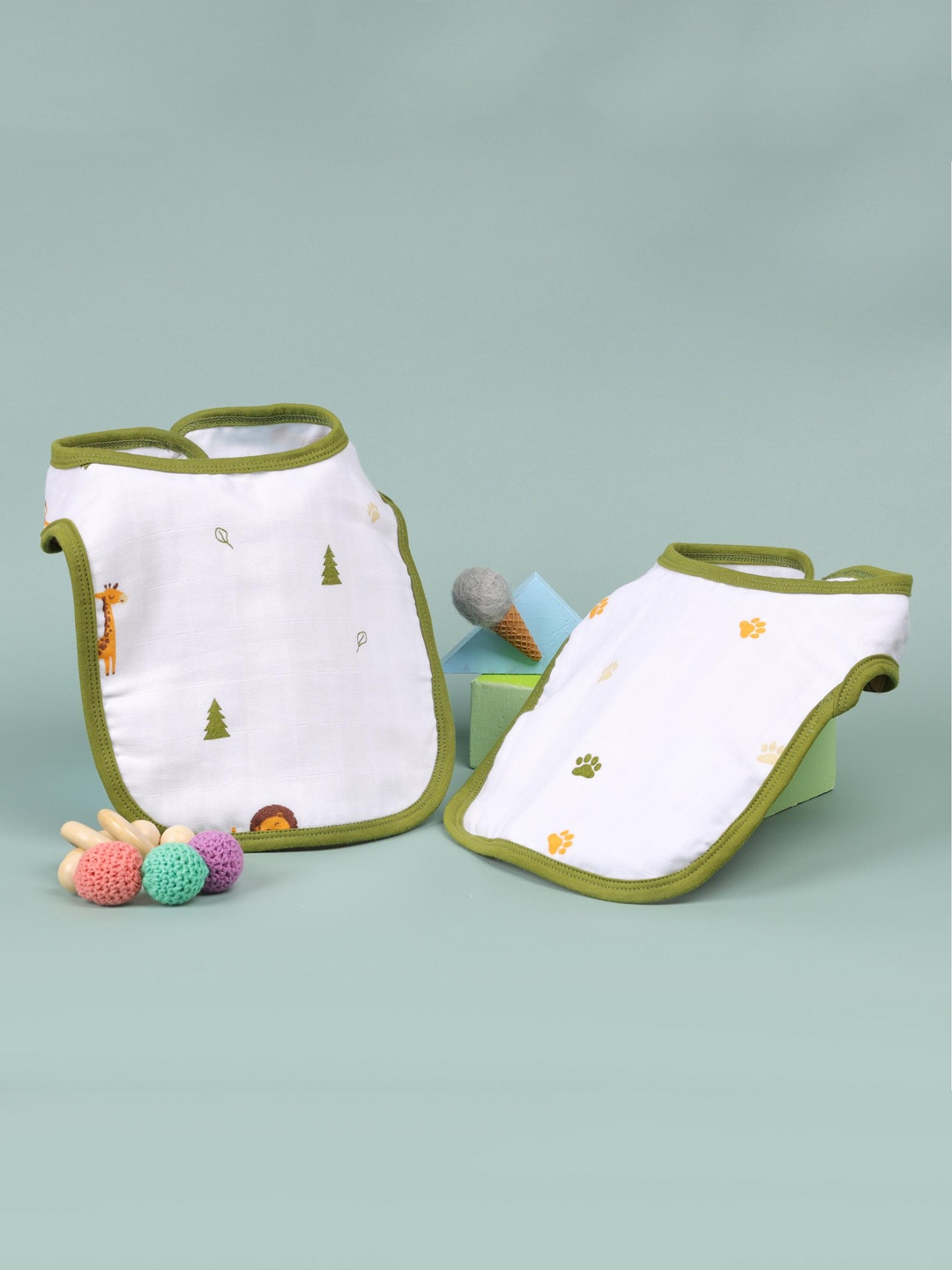 

KICKS & CRAWL Kids Pack Of 2 White & Olive Printed Organic Cotton Bibs