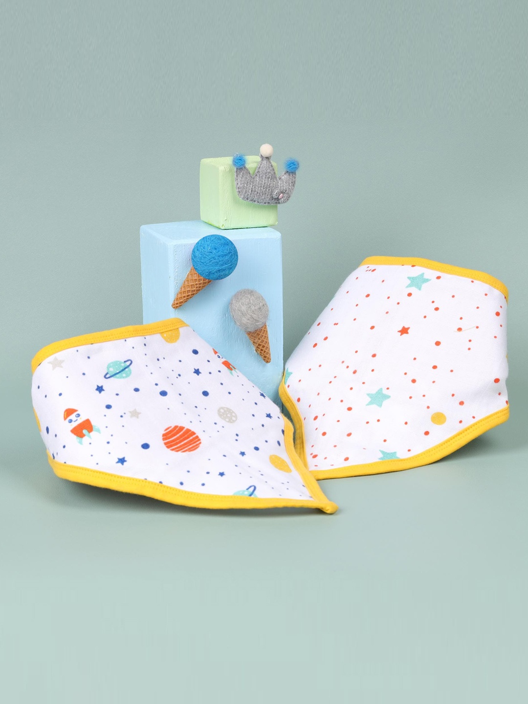 

KICKS & CRAWL Kids Pack Of 2 White & Yellow Printed Organic Cotton Bandana Bibs