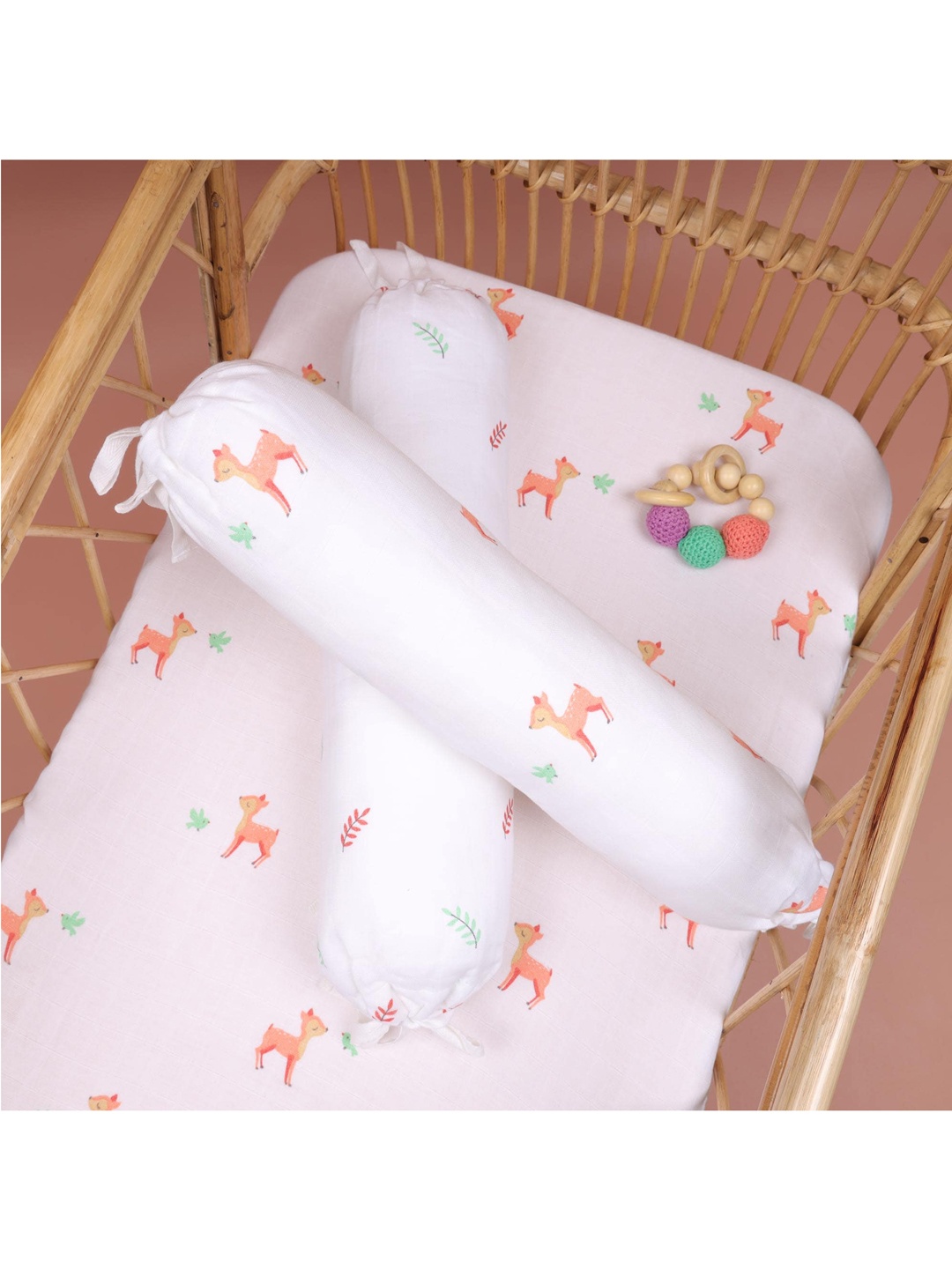 

KICKS & CRAWL Infant Kids Set Of 2 White & Orange Printed Pure Organic Cotton Bolsters