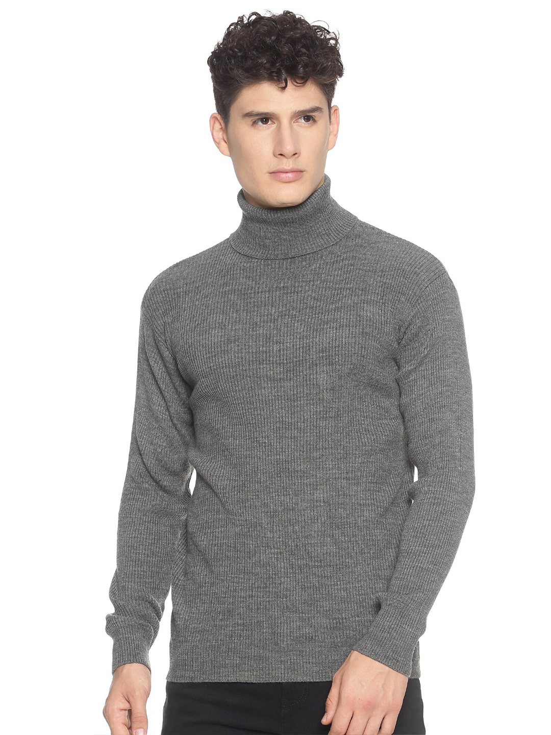 

513 Men Ribbed Turtle Neck Pullover, Grey