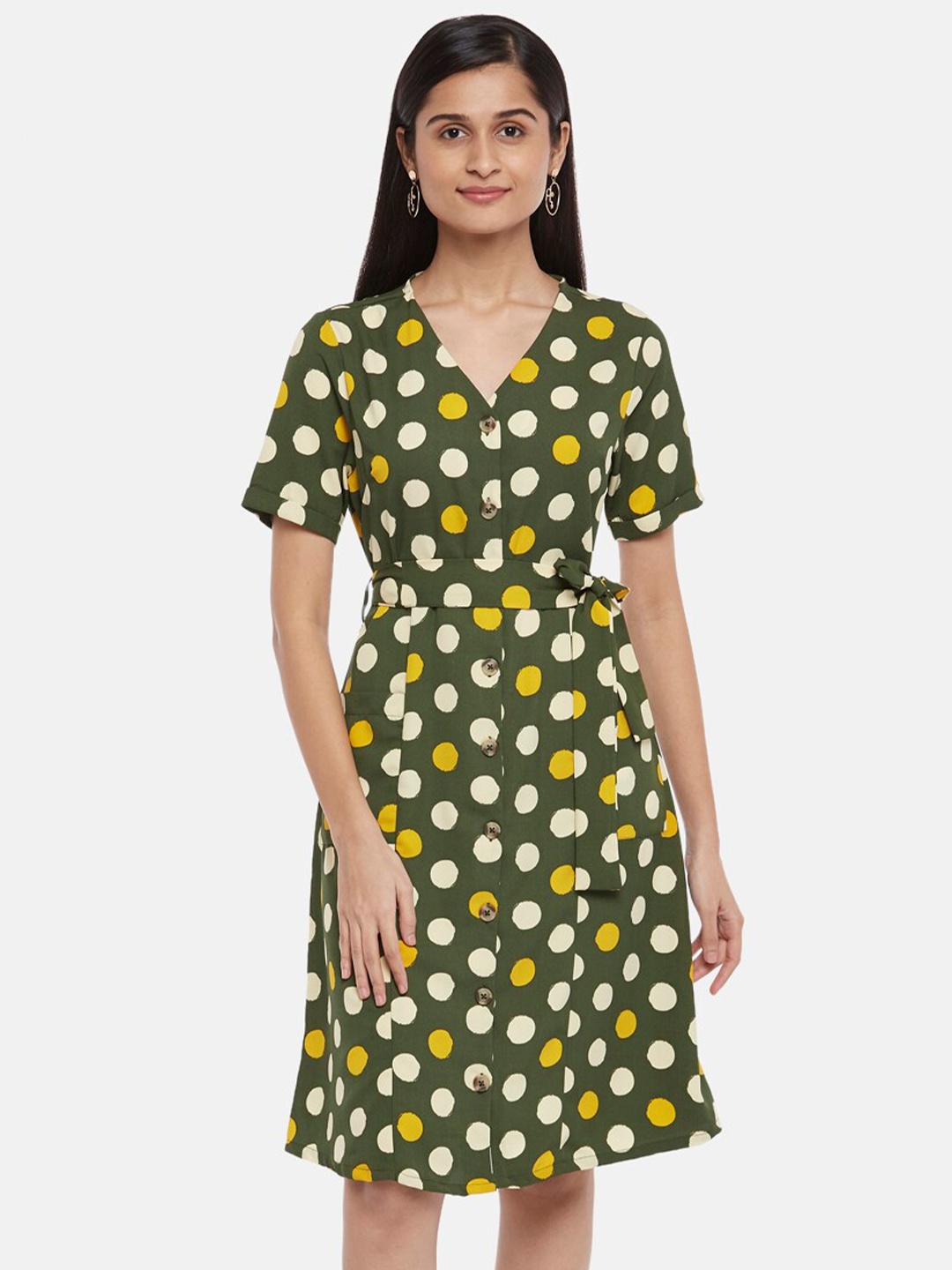 

People Green & Yellow A-Line Dress