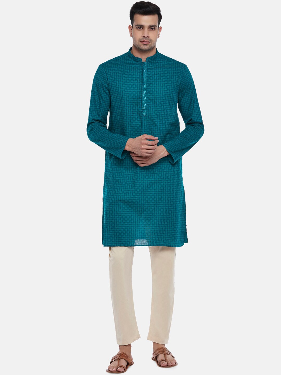 

indus route by Pantaloons Men Teal Geometric Printed Pure Cotton Kurta