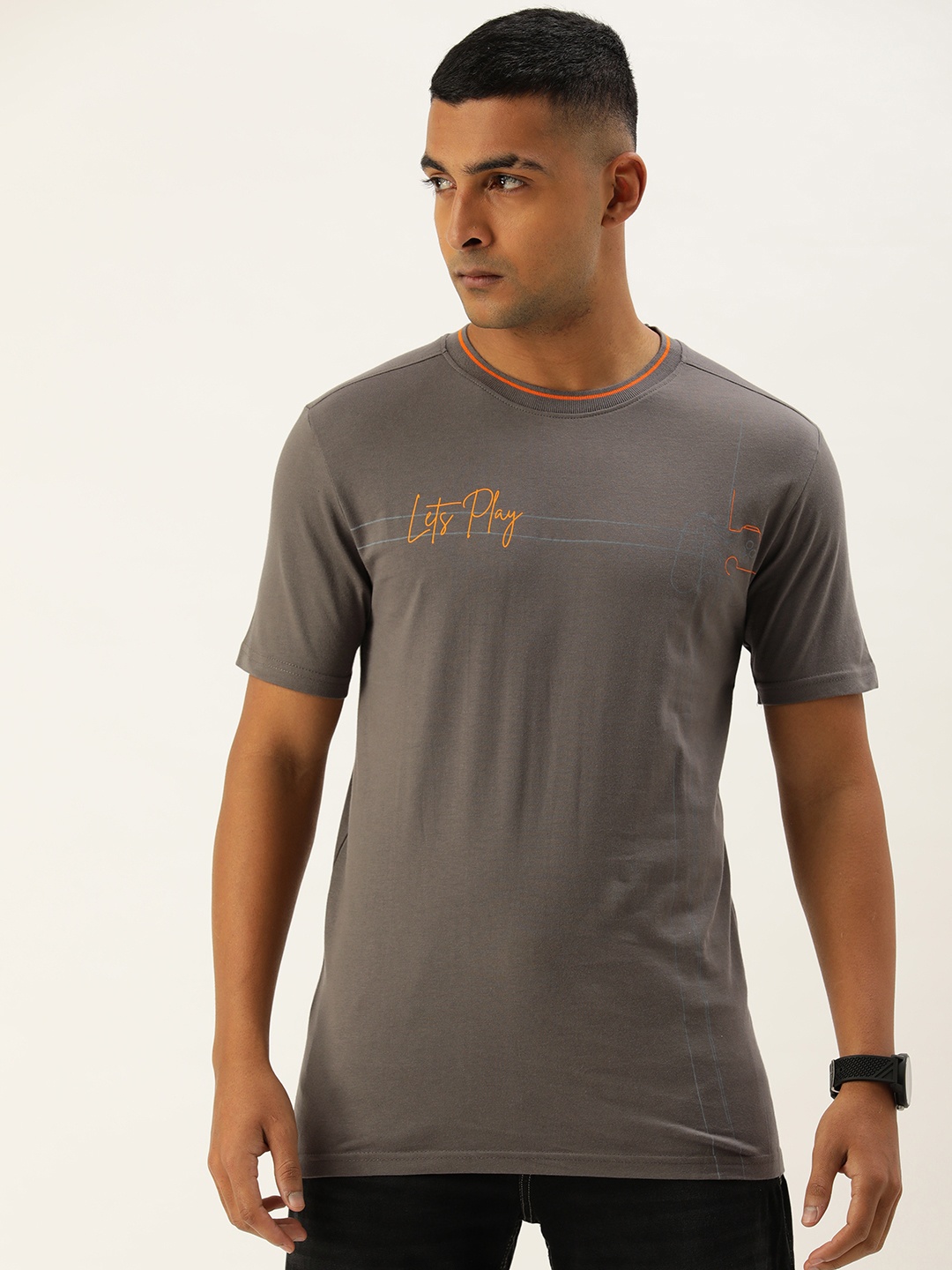 

FOREVER 21 Typography Printed Pure Cotton Casual T-shirt, Grey