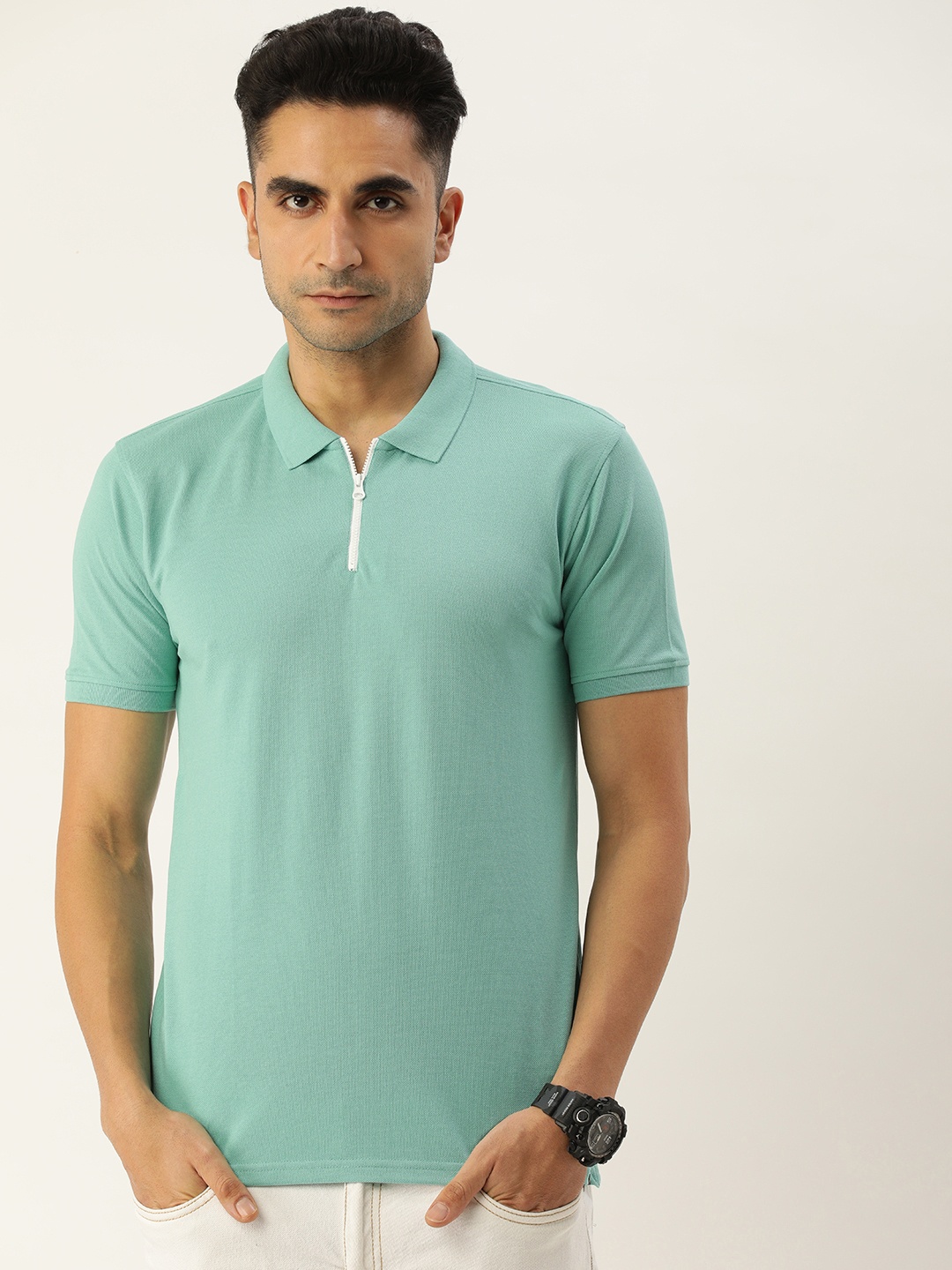 

FOREVER 21 Men Turquoise Blue Polo Collar Pure Cotton T-shirt