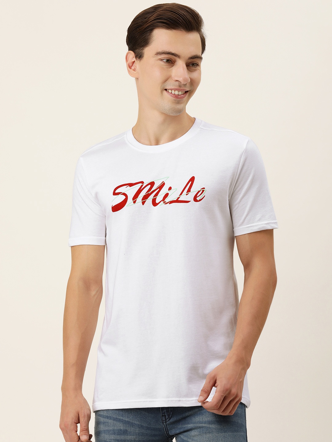 

FOREVER 21 Men White & Red Printed Pure Cotton T-shirt