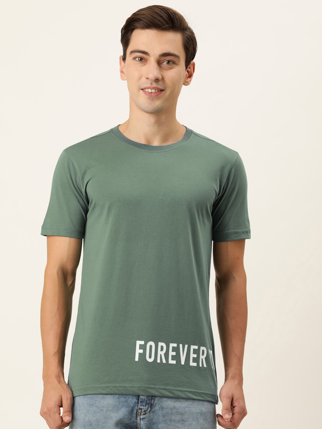 

FOREVER 21 Men Teal Blue Typography Printed T-shirt