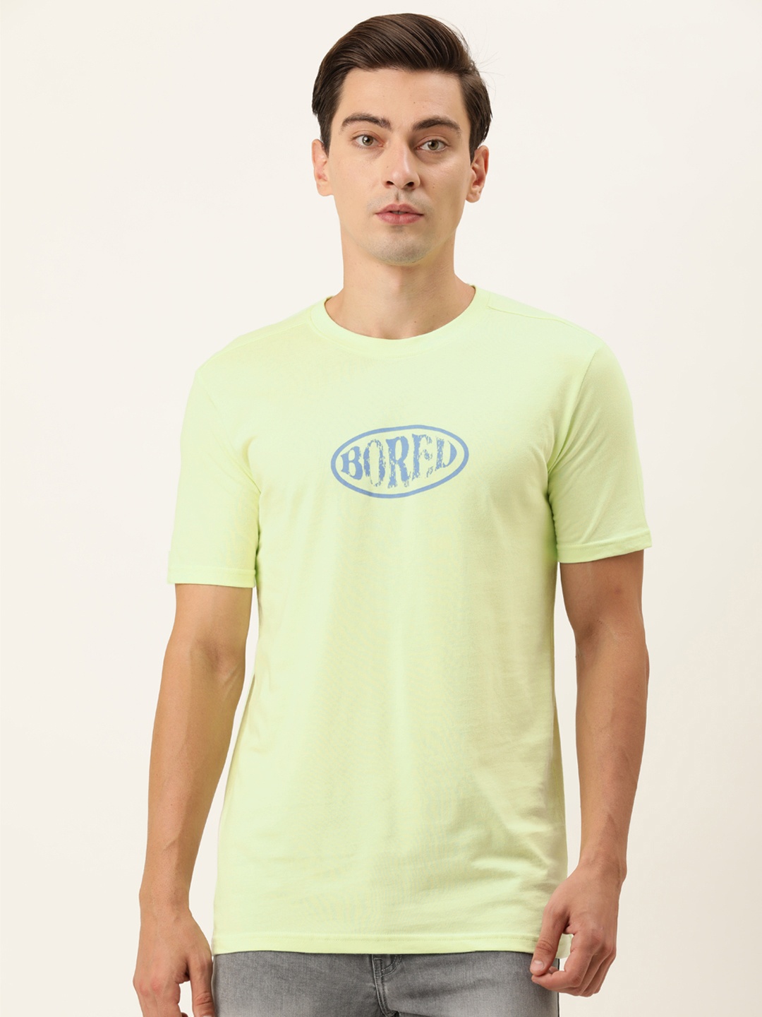 

FOREVER 21 Men Lime Green Typography Printed Pure Cotton Casual T-shirt