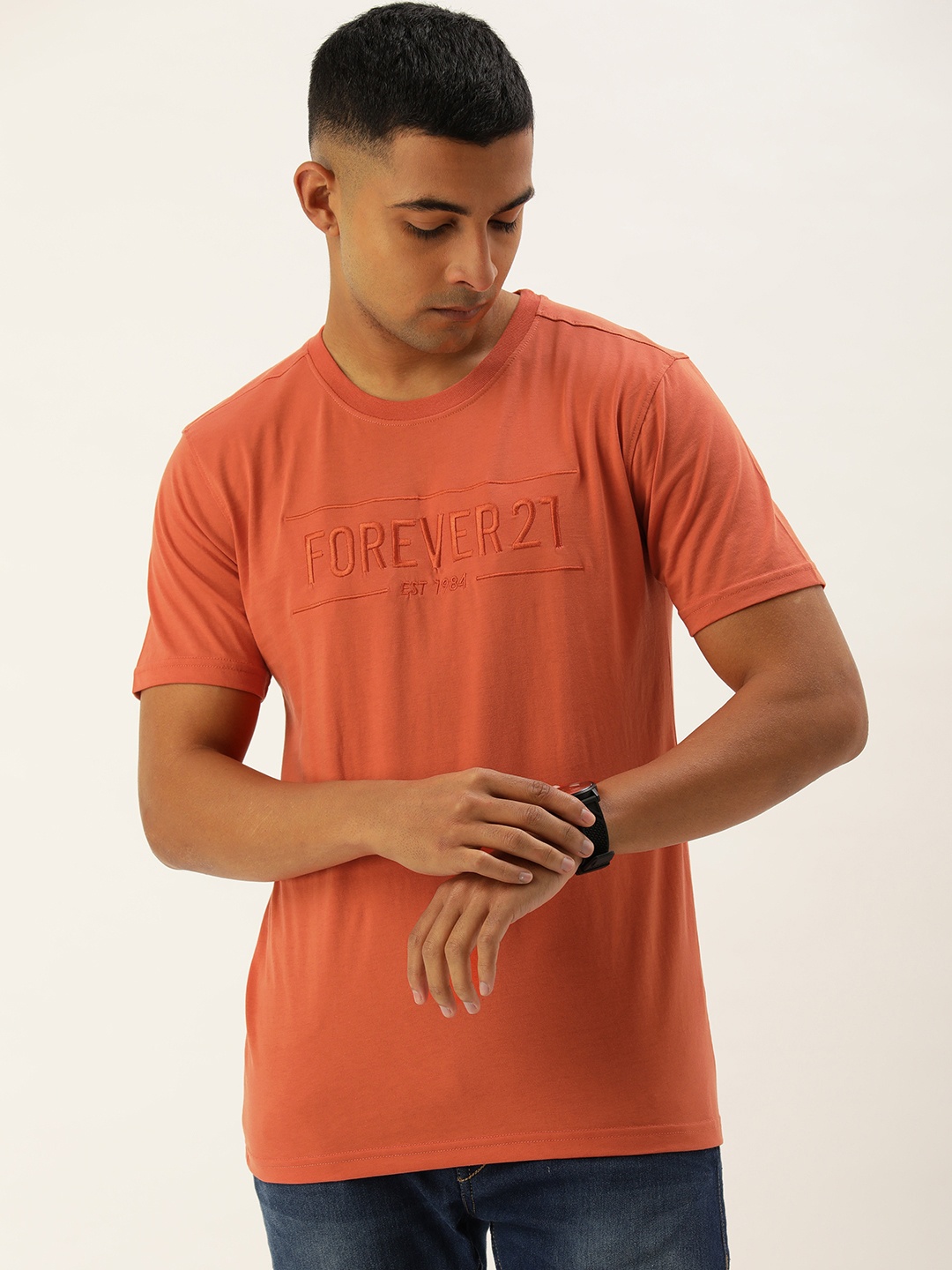 

FOREVER 21 Brand Logo Embroidered Casual T-shirt, Rust