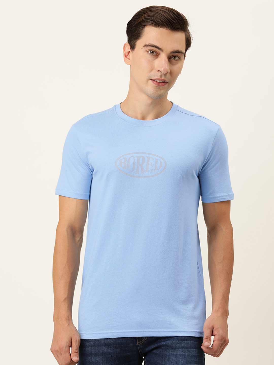 

FOREVER 21 Men Blue & Grey Typography Printed Round Neck T-shirt