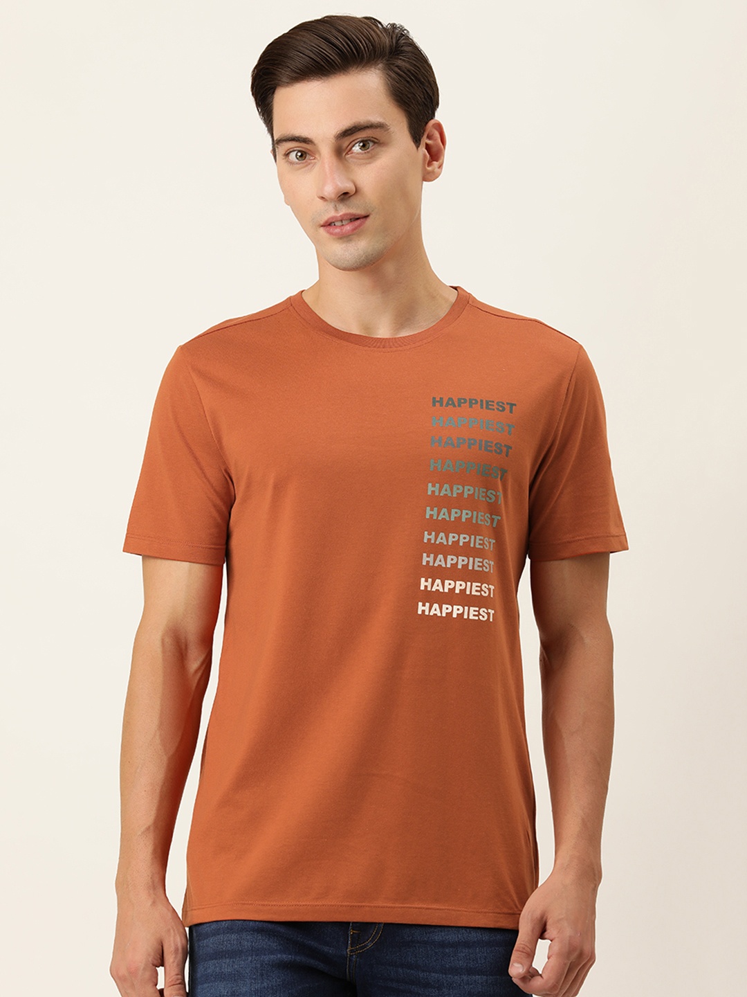 

FOREVER 21 Men Brown & Grey Typography Printed Round Neck T-shirt