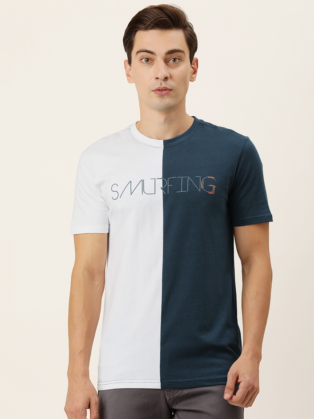 

FOREVER 21 Men White & Teal Colourblocked Pure Cotton T-shirt