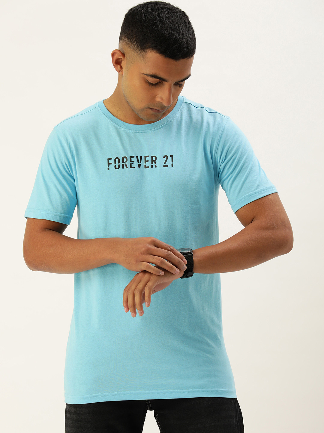 

FOREVER 21 Brand Logo Applique Casual T-shirt, Blue