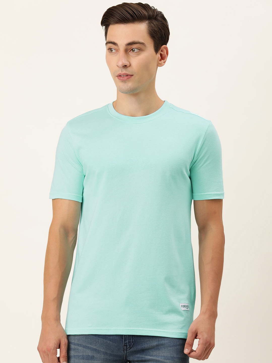 

FOREVER 21 Men Blue Solid Pure Cotton T-shirt