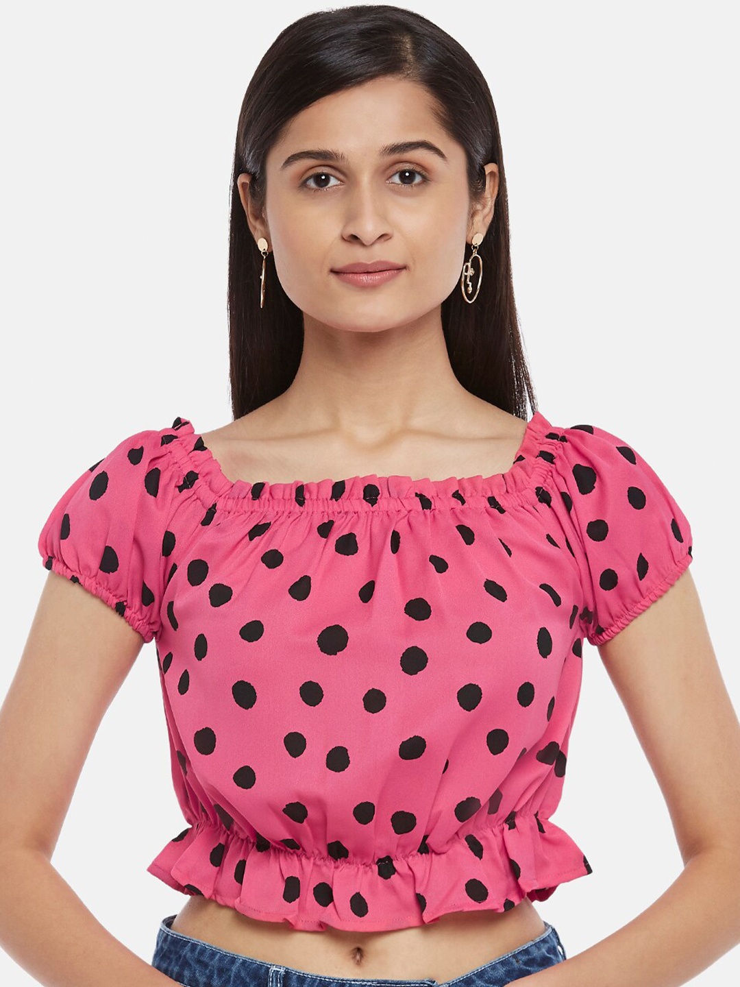 

People Pink & Black Polka Dots Print Crop Top