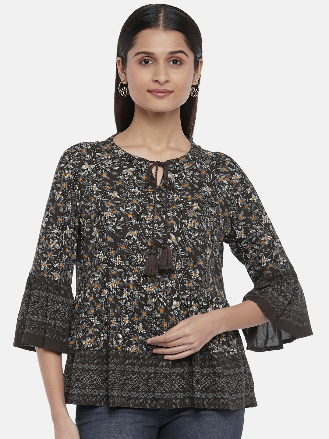 

People Brown Floral Print Tie-Up Neck Top
