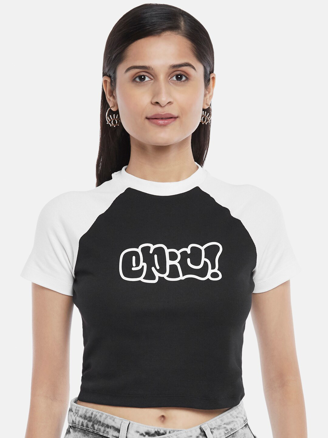 

People Women Black & White Cotton Printed Crop Top