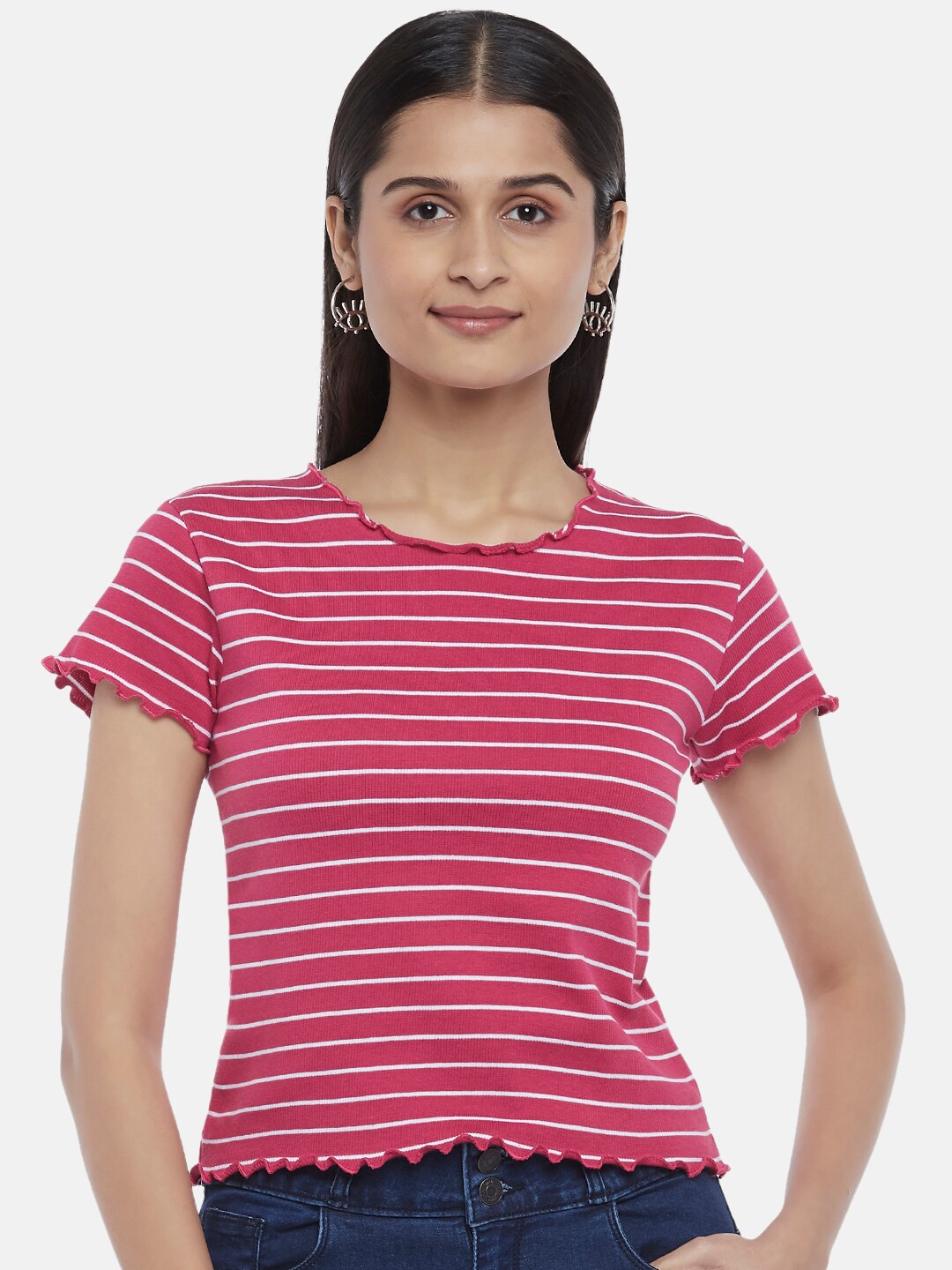 

People Pink Striped Pure Cotton Regular Top