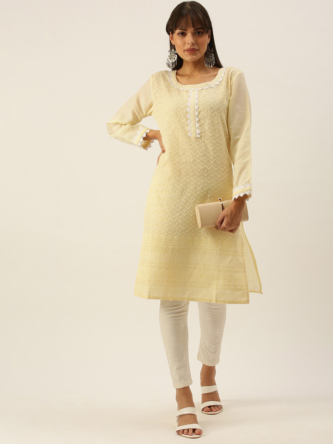 

SWAGG INDIA Women Yellow & White Pure Cotton Ethnic Motifs Embroidered Chikankari Kurta