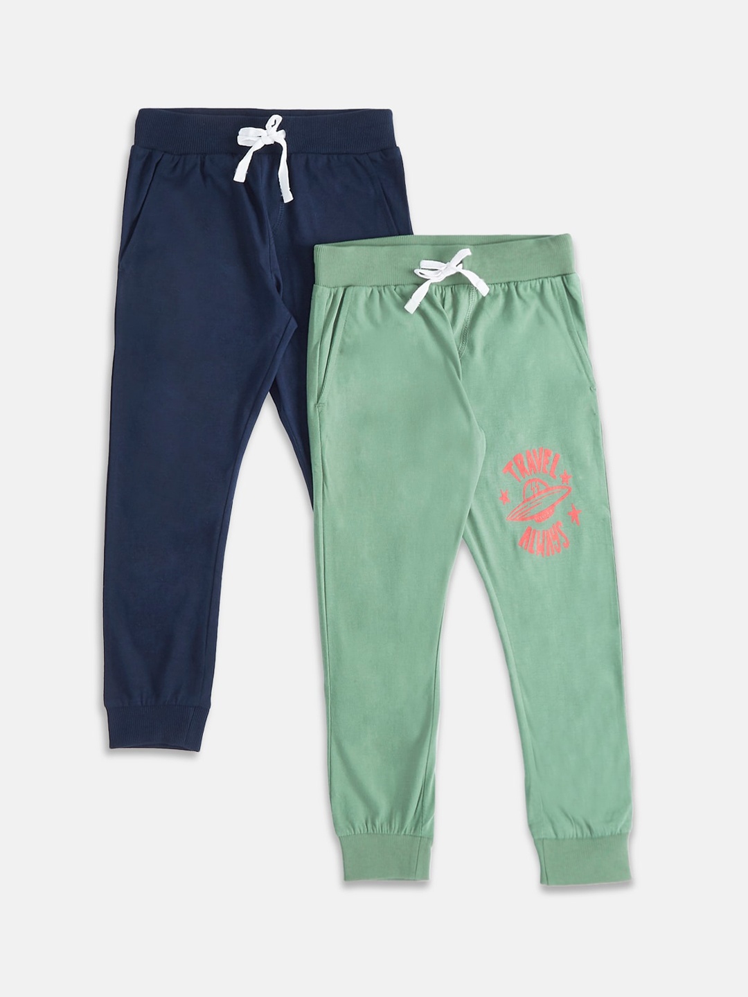 

Pantaloons Junior Boys Navy Blue & Green Pack Of 2 Pure Cotton Regular Fit Joggers