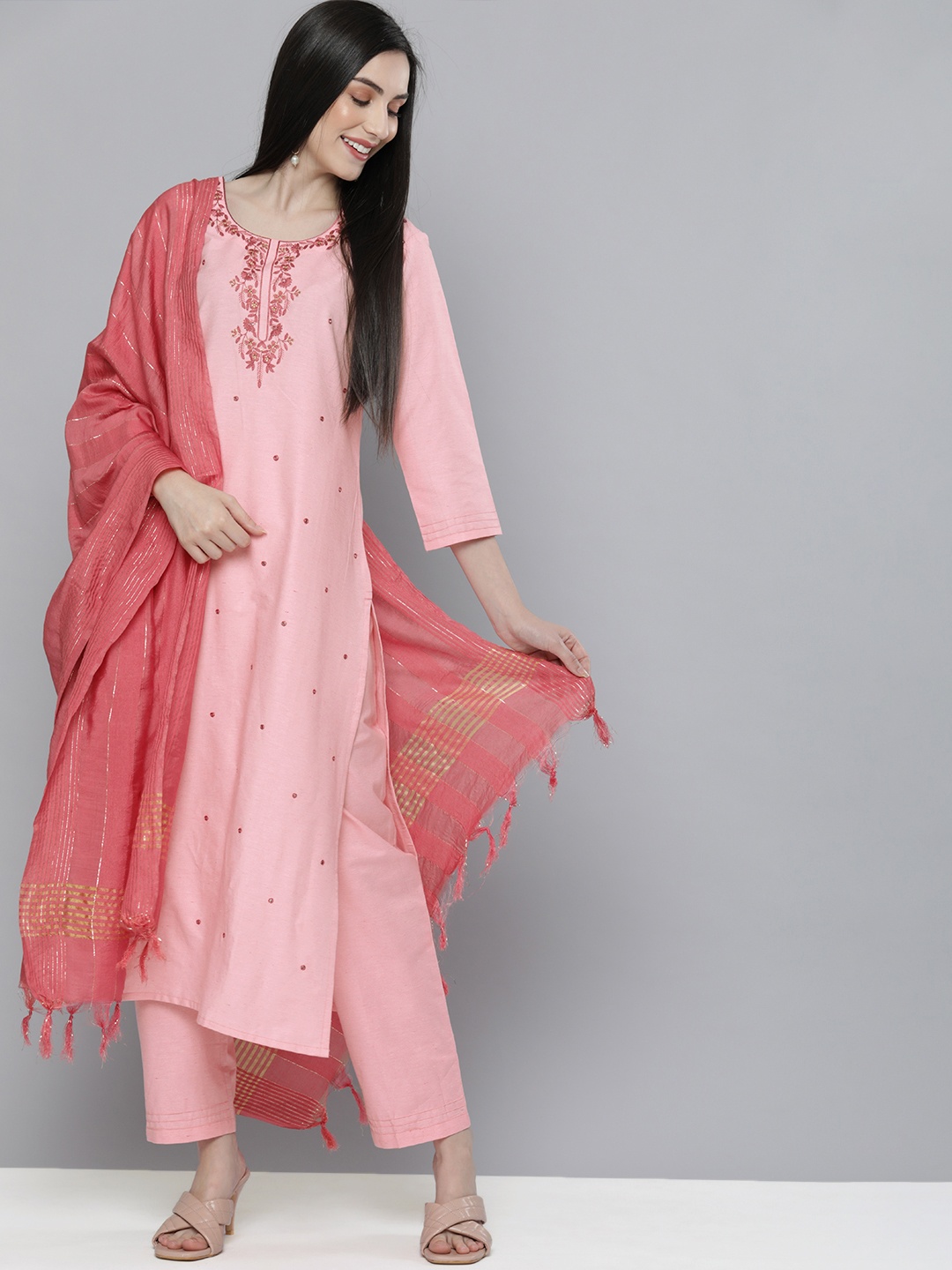 

Kvsfab Women Pink Ethnic Motifs Embroidered Mirror Work Pure Cotton Kurta with Trousers & With Dupatta