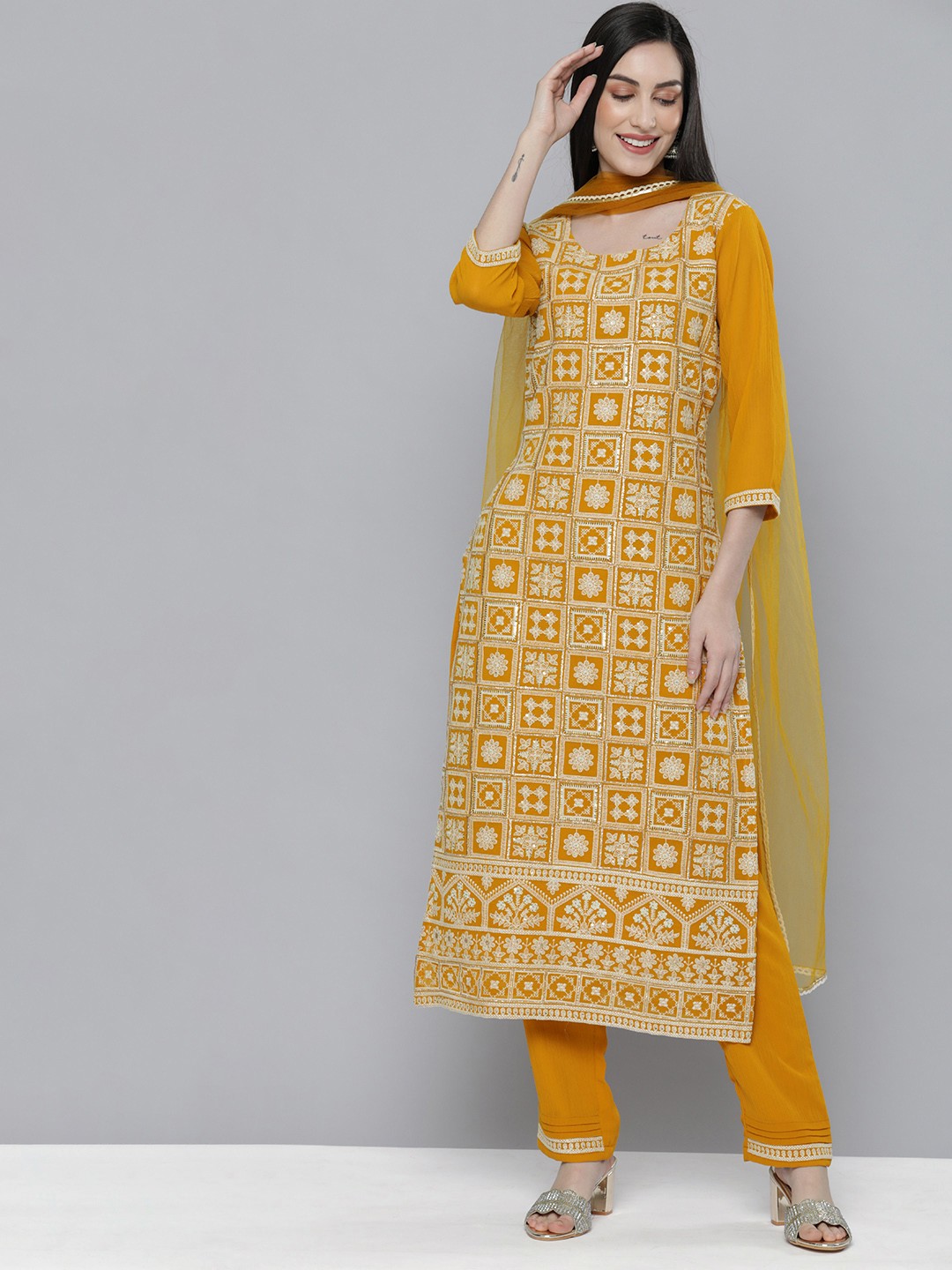 

Kvsfab Women Mustard Yellow Ethnic Motifs Embroidered Kurta with Trousers & With Dupatta