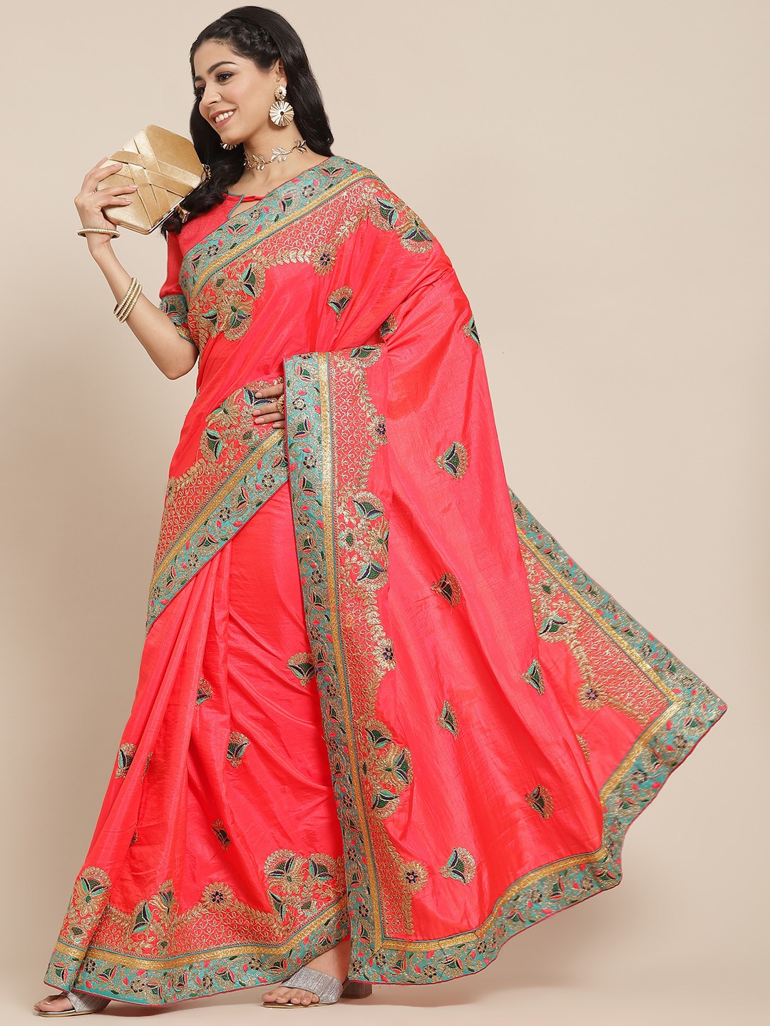 

SERONA FABRICS Women Pink & Blue Ethnic Motifs Embroidered Saree