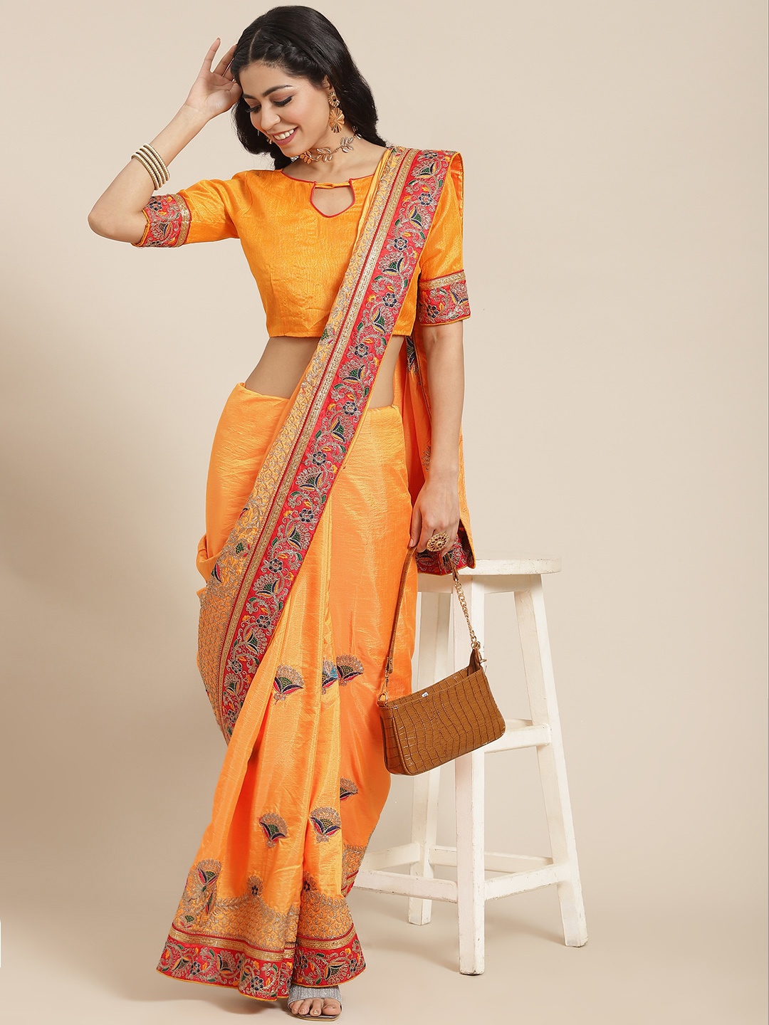 

SERONA FABRICS Women Mustard & Red Ethnic Motifs Embroidered Saree