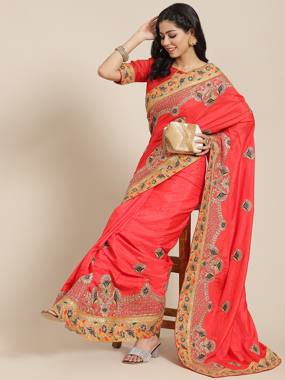 

SERONA FABRICS Women Red & Yellow Ethnic Motifs Embroidered Saree