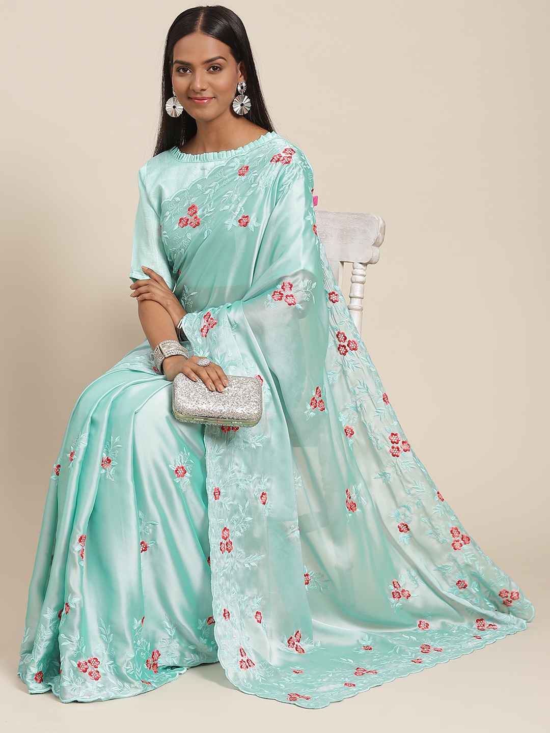 

SERONA FABRICS Turquoise Blue Floral Embroidered Georgette Saree