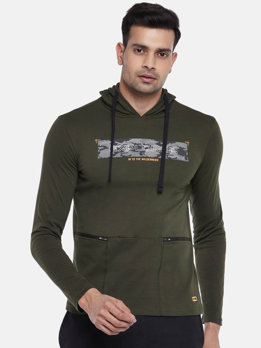 

Ajile by Pantaloons Men Olive Green & Yellow Printed Pure Cotton Hooded T-shirt
