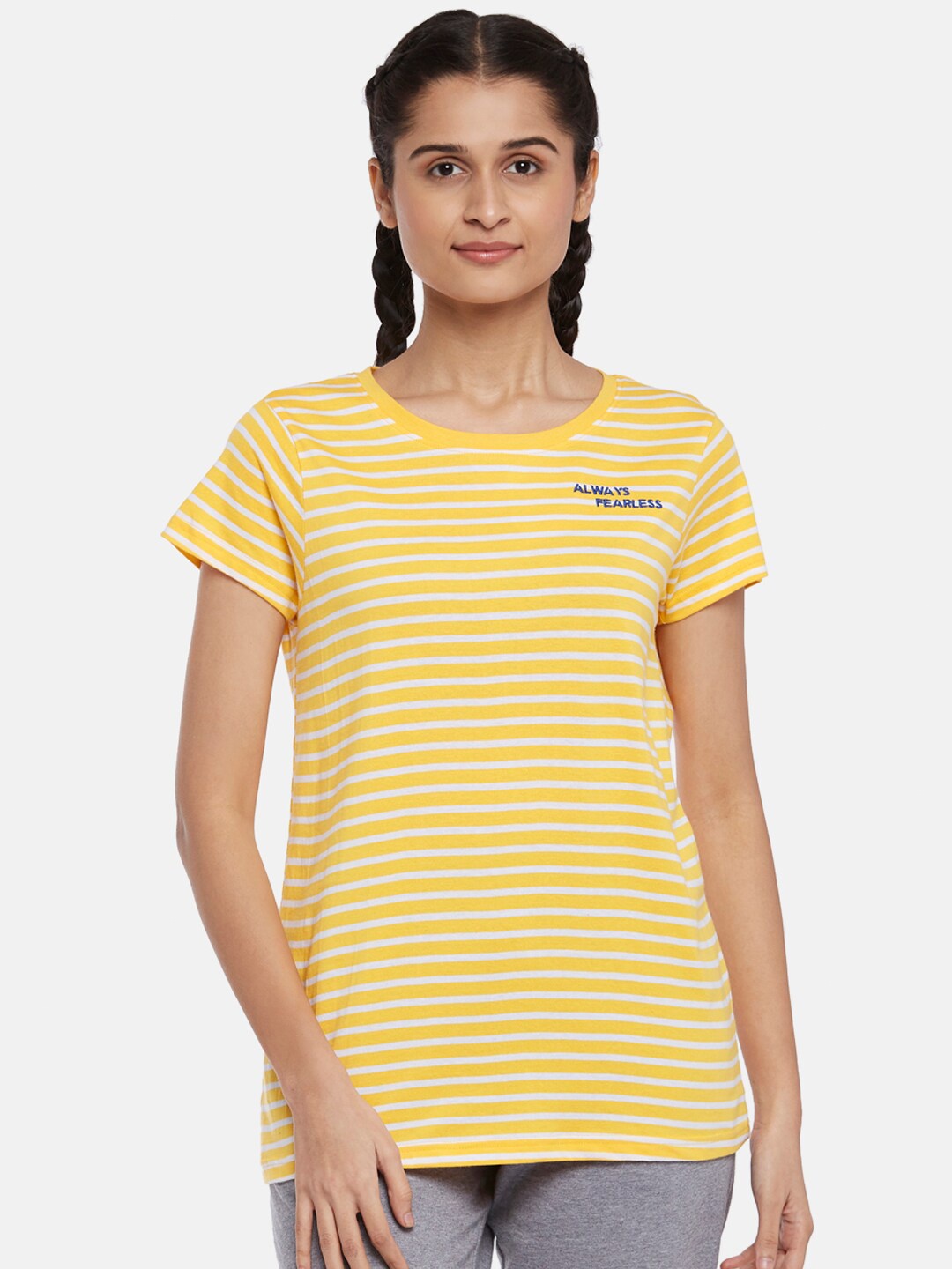 

Ajile by Pantaloons Woman Mustard Yellow Striped Pure Cotton T-shirt