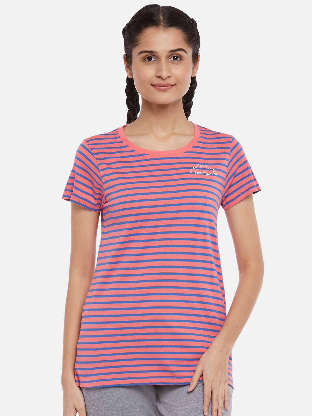 

Ajile by Pantaloons Women Coral & Blue Striped Pure Cotton Round Neck T-shirt