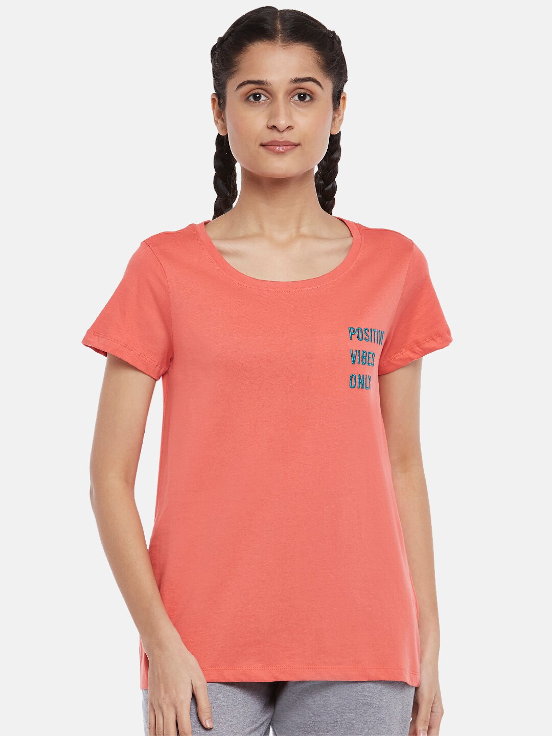 Ajile by Pantaloons Women Coral Solid Pure Cotton Regular Fit T-shirt
