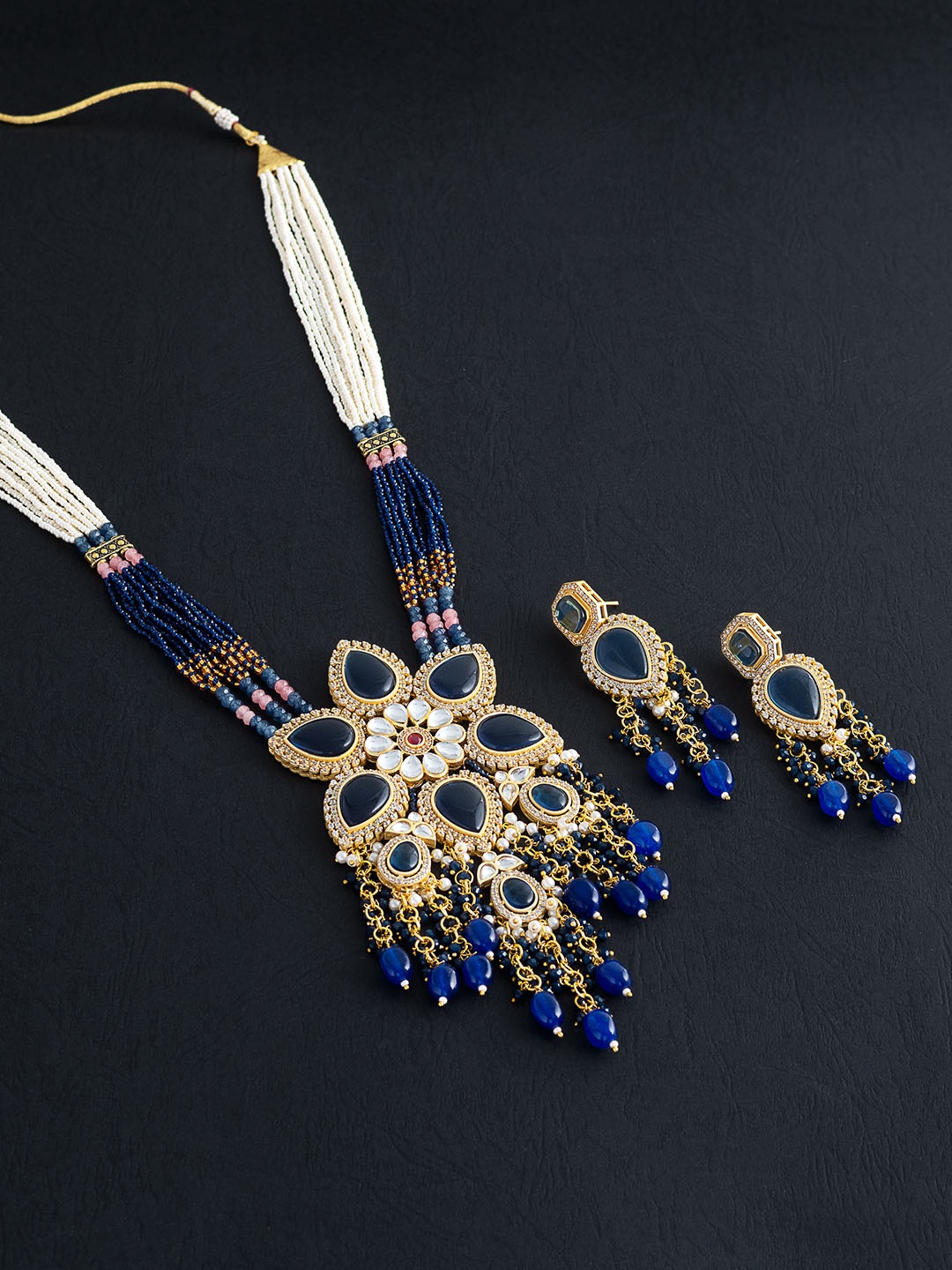 

Golden Peacock Navy Blue & Gold-Toned Beaded Meenakari Handcrafted Jewellery Set