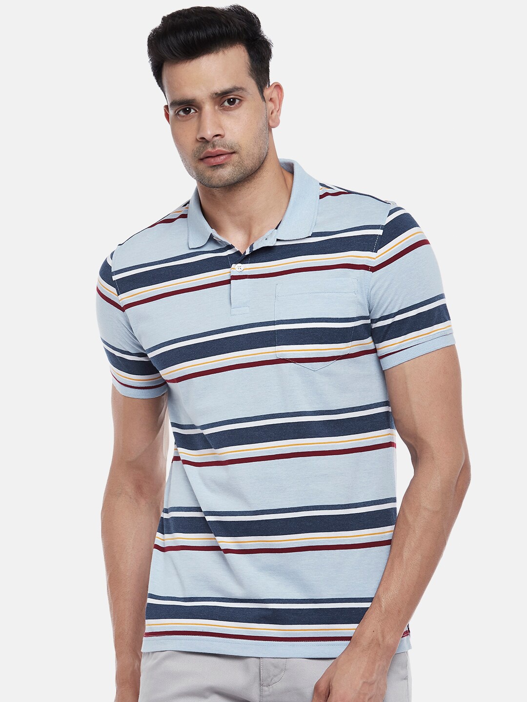 

BYFORD by Pantaloons Men Blue & Yellow Striped Polo Collar T-shirt