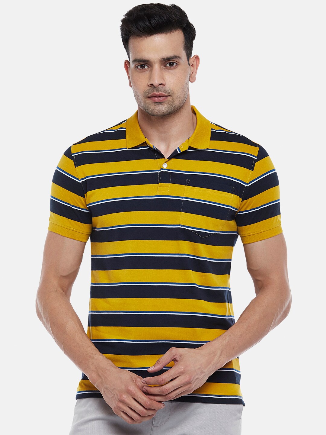 

BYFORD by Pantaloons Men Yellow Striped Slim Fit T-shirt