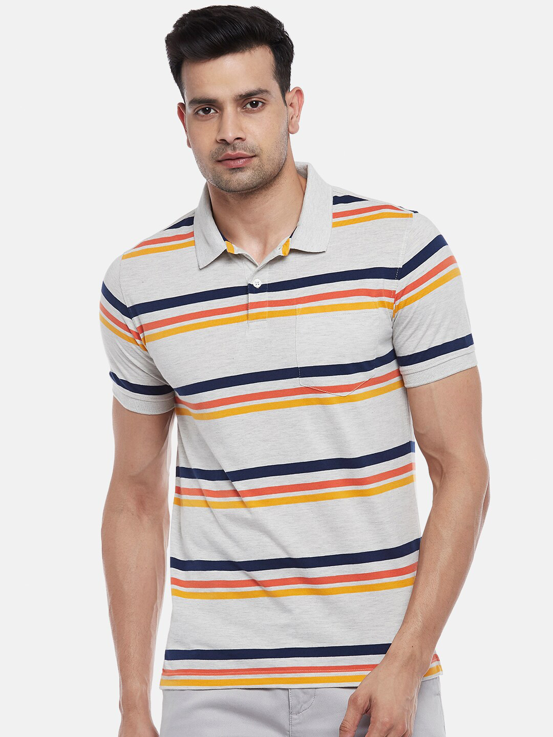 

BYFORD by Pantaloons Men White Striped Polo Collar Slim Fit T-shirt
