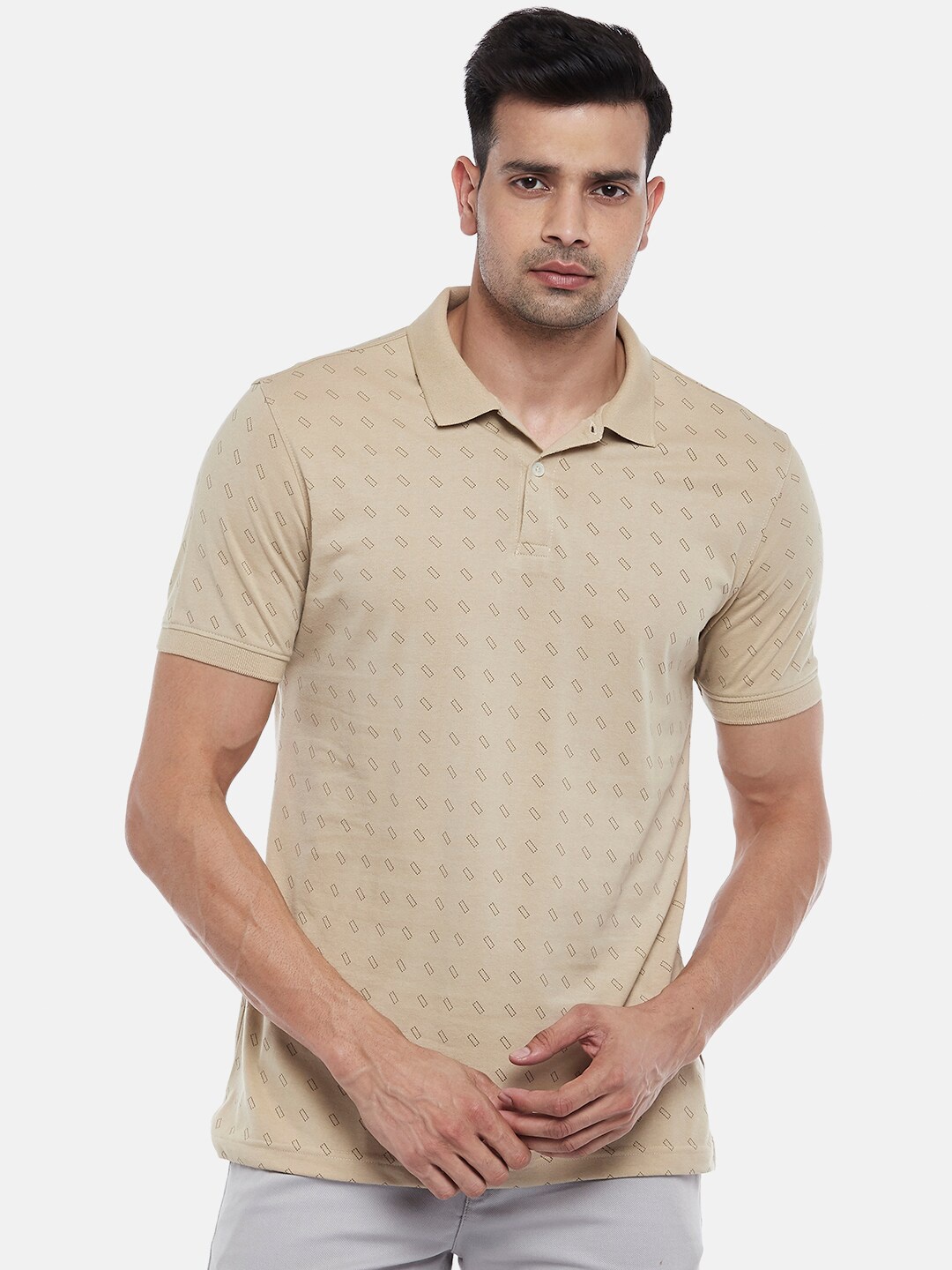 

BYFORD by Pantaloons Men Beige Printed Polo Collar Slim Fit T-shirt