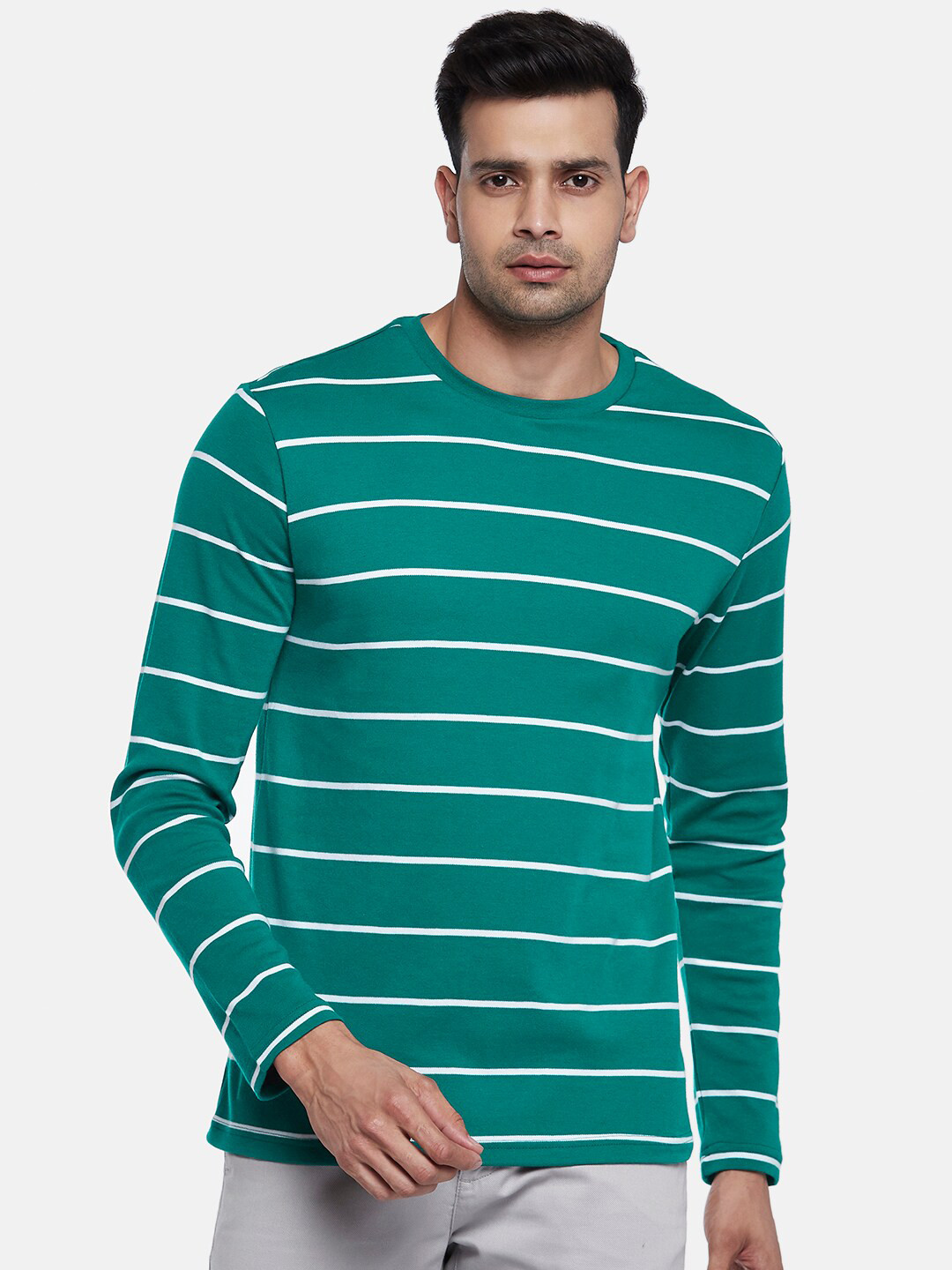

BYFORD by Pantaloons Men Teal Striped Pure Cotton Slim Fit T-shirt
